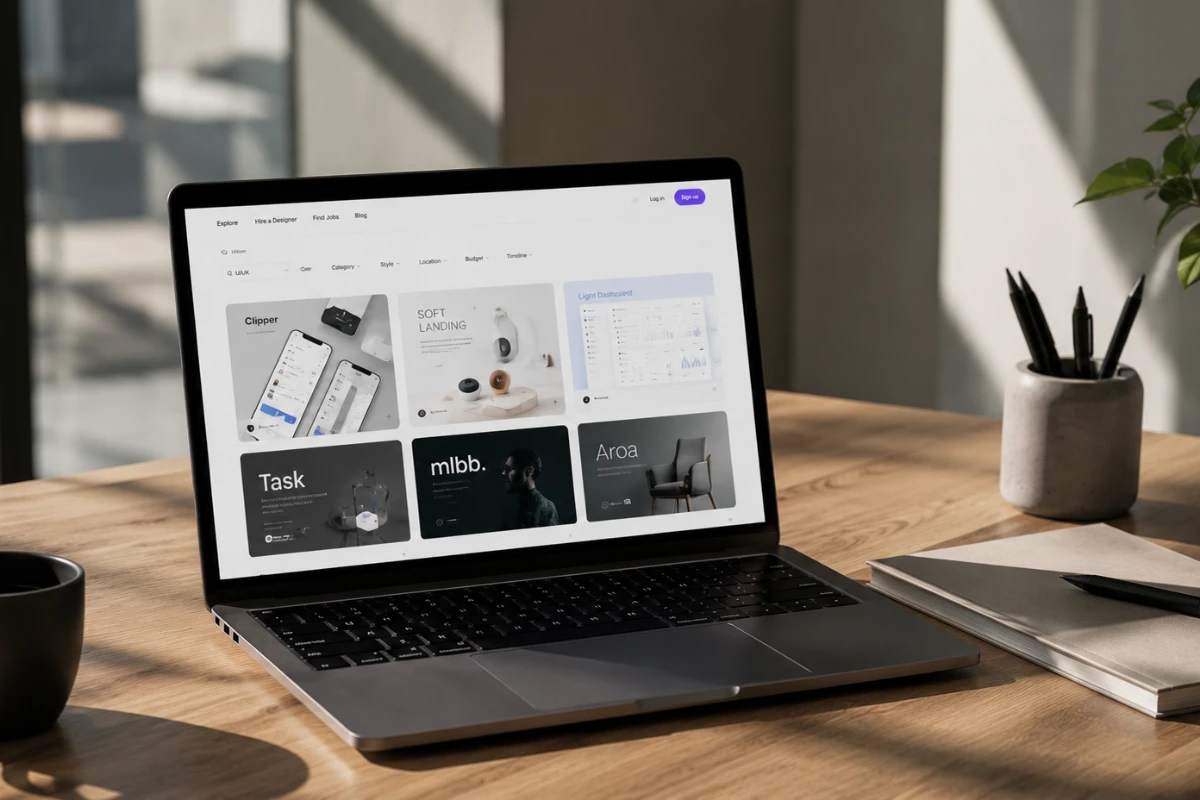 Laptop sobre un escritorio mostrando un directorio de portafolios de estudios de diseño web