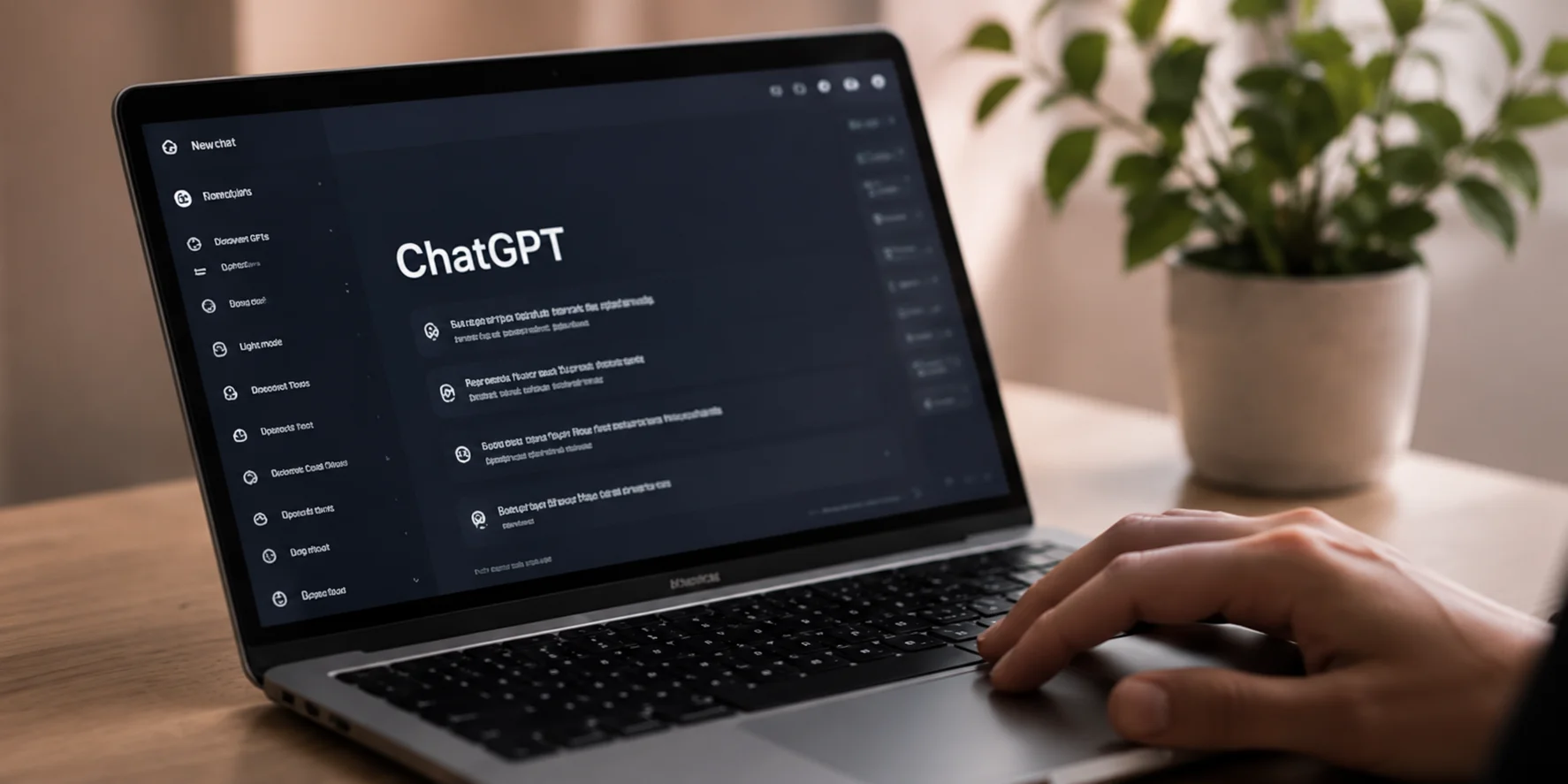 Laptop sobre un escritorio de madera con una conversación de ChatGPT abierta en pantalla y una mano escribiendo en el teclado