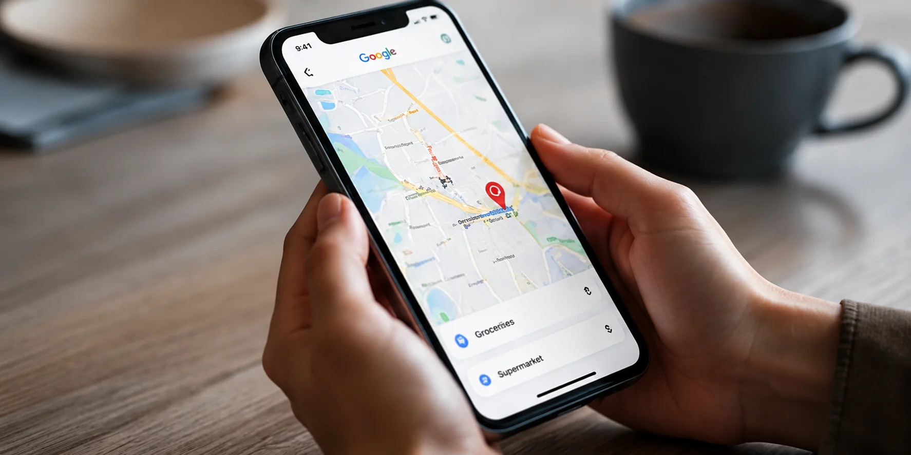 Manos sosteniendo un smartphone con la aplicación de Google Maps abierta sobre una mesa de madera