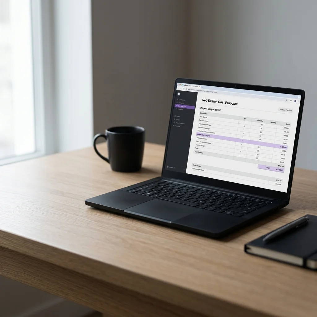 Laptop abierta sobre una mesa de madera mostrando una propuesta de costos con su tabla de precios
