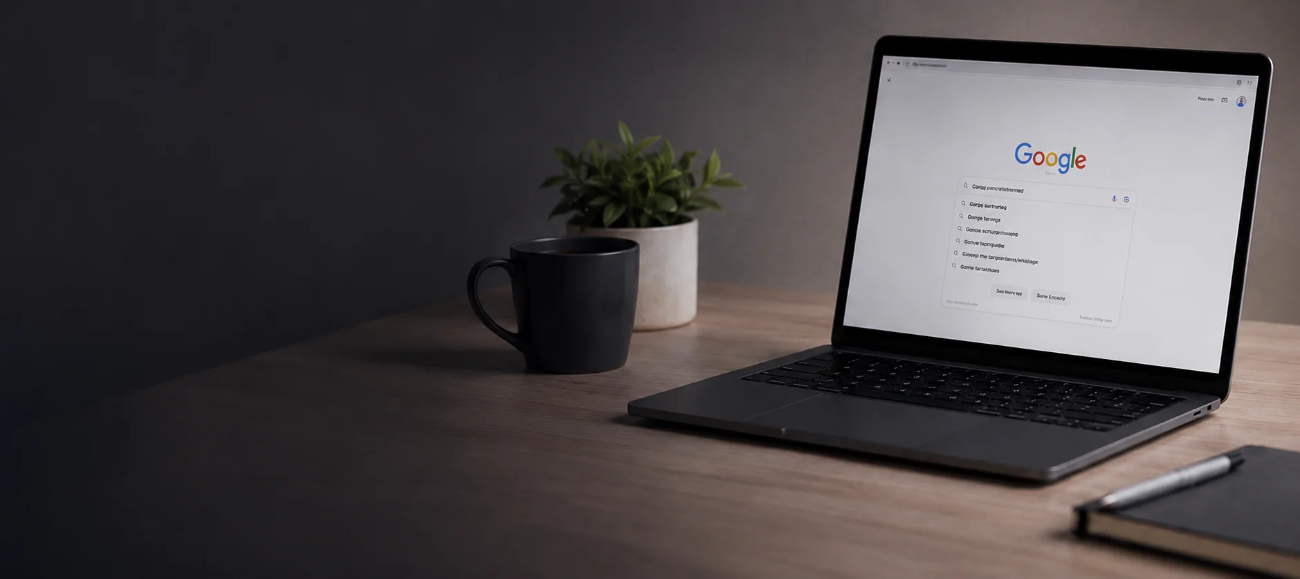Laptop sobre un escritorio mostrando la página de inicio de Google con sugerencias de búsqueda desplegadas